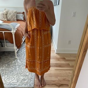 Vici Collection strapless embroidered midi dress.